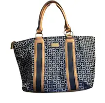 Tommy Hilfiger Tote Bag Signature Monogram Canvas Leather Trim Tan