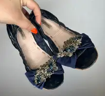 Miu Miu Jeweled‎ Embellished Patent Leather Ballet Flats Shoes Navy