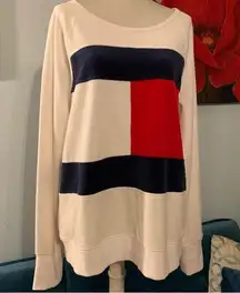 Tommy Hilfiger Sport WhiteVelour Big Logo Long Sleeve Pullover Sweatshirt L Top