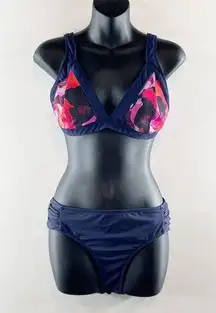 Athleta Floral Triangle Two Piece Bikini Set Navy Blue Pink Medium / Large