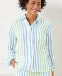 Talbots Blue/Green/White Striped Cropped Boxy Button Up Linen Coastal Shirt sz M