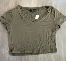 NWOT POL Olive Green Washed V-neck Crop Tee size Small