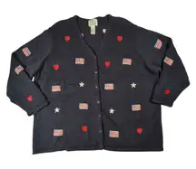 Quacker Factory Womens Patriotic Cardigan Sweater 3X Teacher Flags Hearts Stars