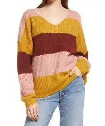 VERO MODA Julie Bar Stripe V-neck Sweater In Chai Tea Stripe Size Medium NWT