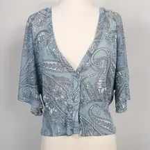 Vtg Y2K New York & Company Blue Paisley Sheer Cardigan Button Front Blouse