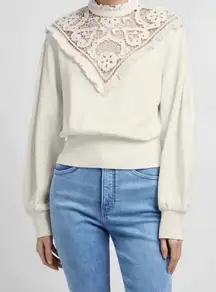 Express Lace Front Ruffle Trim Sweatshirt Sweater Ivory Large Victorian Country‎