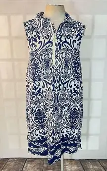 Casa Cabana Blue White Print Sleeveless Linen Blend Sundress Size Medium