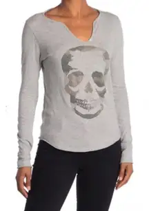 Zadig & Voltaire Camo Skull Print Women's Long Sleeve Henley Grunge Top Med Gray