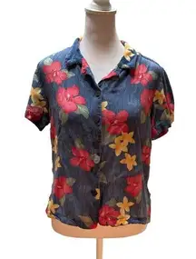 Multi-Color Floral Print Short Sleeve Button Down Women's Shirt M