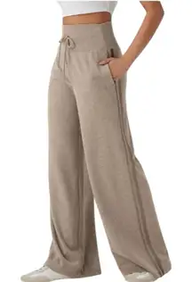 NWOT Halara Ribbed High Waisted Tummy Control Wide Leg Sweatpants Beige XL