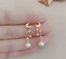 18K Gold Plated Moon Pearl Dangle Drop Earrings for Women