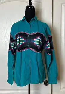 90s VINTAGE TEAL WESTERN ROPER COLLARED BUTTON UP LONG SLEEVE