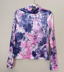 Teddy Fresh Need a Hug Velvet Velour Mock Neck Long Sleeve Top Purple Tie Dye L
