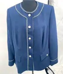 Elegant‎ Blue Blazer with Pearl Trim Button-Up Jacket Formal Wear