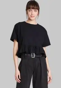 NWOT  Black Ruffle Peplum Hem Short Sleeve Blouse Top New