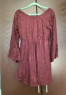 Maroon Burgundy Wine Floral Lace Bell Sleeve Dress Sz M