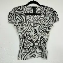 Kenneth Cole Black White Marbled Y2K Crop Top Womens S Sheer Ruffled Hem Cyber