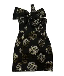 Milly of New York Black Gold Metallic Textured One Shoulder Bow Mini Dre…