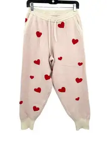 JustFab size Small sweatpants‎ white cream red hearts pattern drawstring waist