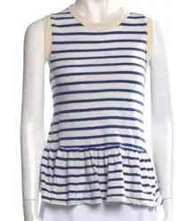 The Great. Peplum Top Blue White Striped Sleeveless Crew Neck