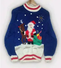 Vtg HEIDI Women's Blue Santa Reindeer Ugly Small Christmas Hand Knit Sweater S