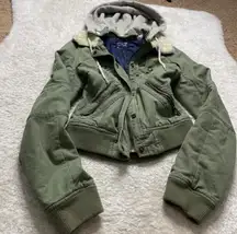 Baby Doll Bomber Jacket sz Large  Olive colored with removable grey hoodie