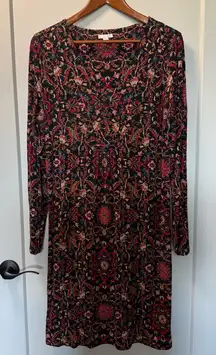 J. Jill Long Sleeve‎ Midi Dress Square Neck Stretch Dark Geometric Patterned M