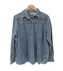 Classic Elements Womens‎ Denim Shirt Large Floral Leaf Embroidered Button Up