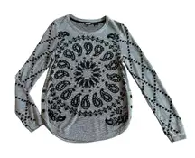 Desigual Grey Pullover Sweater Bohemian Print Stud Stretch Wool Blend Sz Medium