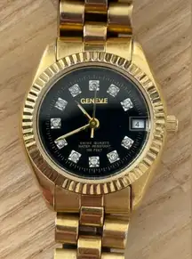 Geneve Presidential Diamond Vintage Ladies Watch Black Dial Gold Bracelet Case