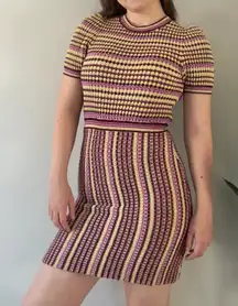 Free People metallic striped knit mini dress short sleeve high neck cotton EUC