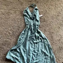 NWT LA made Blue Grey Halter Tie Waist Midi Dress