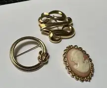 Lot Of 3 Signed Monet Gold Tone Brooch Pins Resin Cameo, Swirl, Knotted Circle