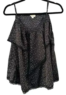 POL Black White Polka Dot Ruffle Lace Trim Spaghetti Strap Tank Top Womens Large