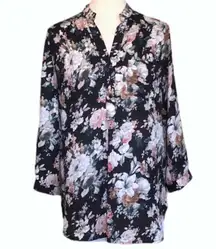 Fun 2 Fun Black Floral V-neck Tunic with Button Detail on Front •Size Medium 