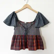 American Eagle Mixed Plaid Peplum Top