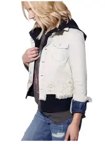 Free People Hoodie Jacket Women XS White Distressed Double Weave Denim