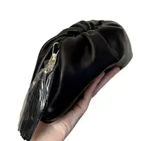 NWT Understated Leather handbag clutch formal design black tassel metallic