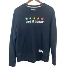 Life Is Good Sweatshirt Small Crewneck Black Stars Graphic‎ Long Sleeve Casual