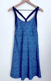 Patagonia women blue printed summer Morning Glory dress camp hike built in bra M