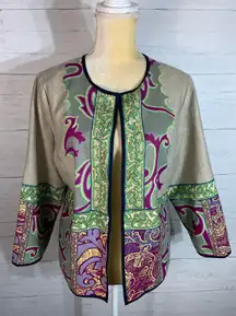 Peck and Peck Blazer Jacket Womens Size M Graphic Open Front Linen Blend Modern