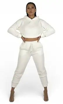 NWT Parisian Crop Sherpa Hoodie Jogger Set Womens 10 White Lounge Cozy Neutral