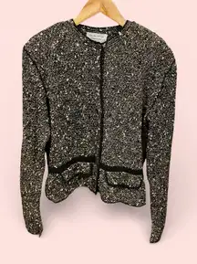 Vintage 80s-90s luxury hand knit mixed chunky cardigan sweater coin buttons