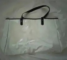 SAKS FIFTH AVE TOTE BAG WHITE WITH BLACK STRAPS AND LINING CLEAN GOOD CONDITION