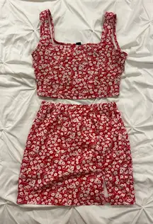 Chic Red Floral Crop Top and Skirt Set