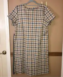 J.Jill  Wear to Work Ponte Knit Dress Gray Camel Plaid Pullover Shift Size large