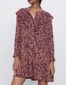 Zara Cheetah Animal Print Ruffle Button Down Blouse Style Mini Dress Size Small