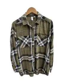 BP. Nordstrom Womens Olive Green Plaid Flannel‎ Cotton Blend Long Sleeve Shirt S