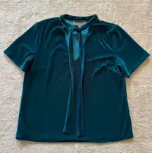 Sunday in Brooklyn Teal Blue Velvet Tie-Neck Short Sleeve Top Anthropologie S