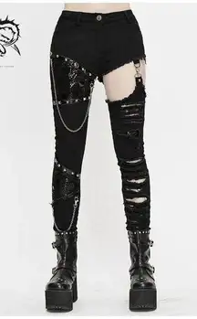 Devil Fashion Punk Broken Jeans Womens M Black Metal Chains Beaded Distressed